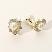 Rhinestone Paved Flower Pearl Clip On Earrings