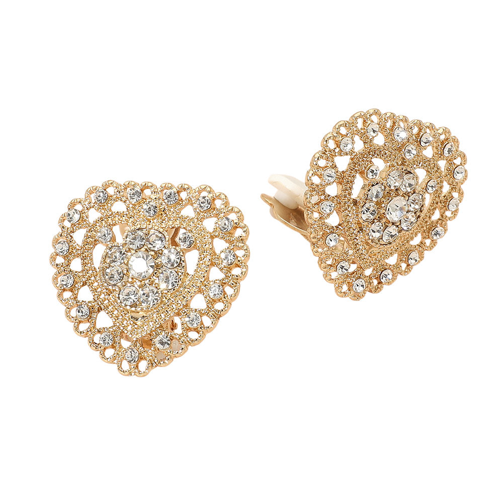 Rhinestone Embellished Heart Clip On Earrings