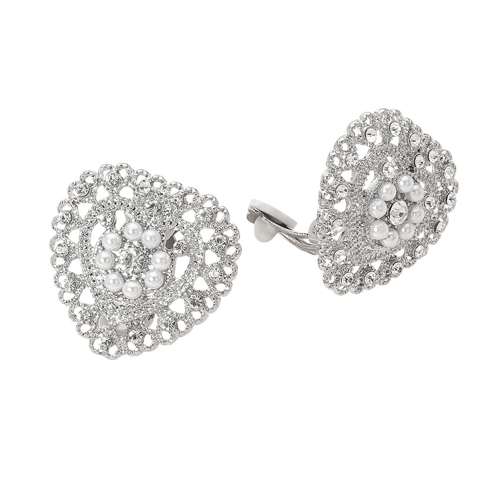 Rhinestone Pearl Embellished Heart Clip On Earrings