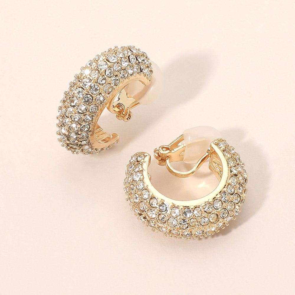 Rhinestone Pave Chunky Hoop Clip On Earrings
