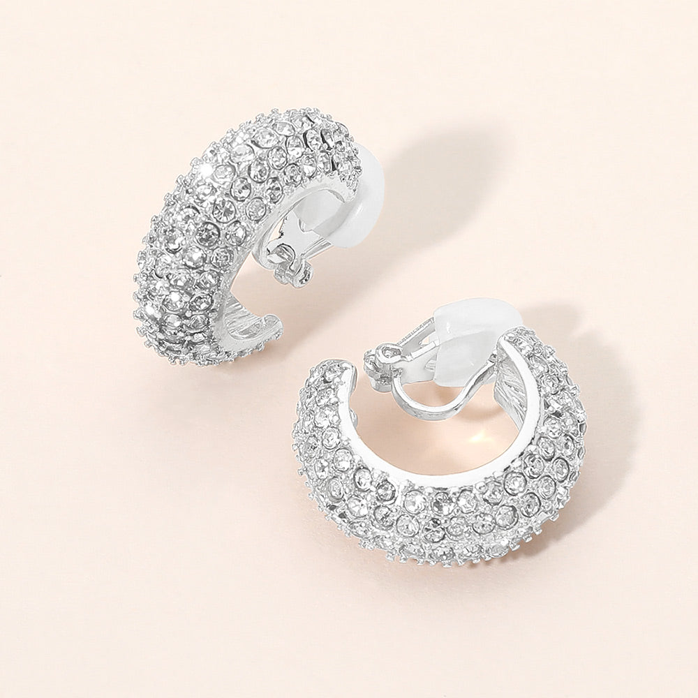 Rhinestone Pave Chunky Hoop Clip On Earrings