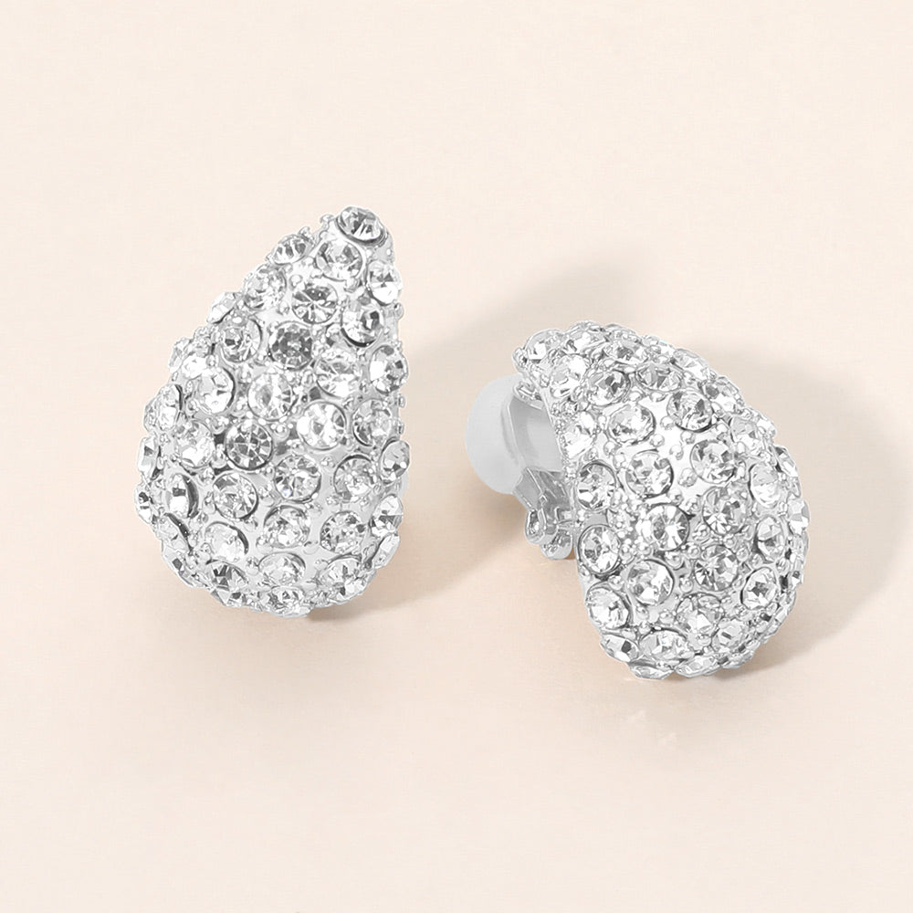 Rhinestone Pave Teardrop Clip On Earrings