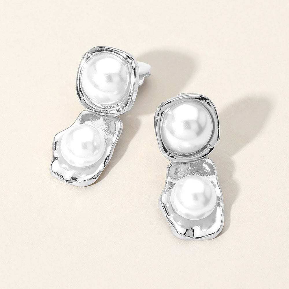 Pearl Plate Link Clip On Earrings