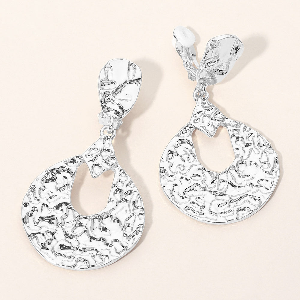 Bold Textured Metal Teardrop Drop Clip On Earrings