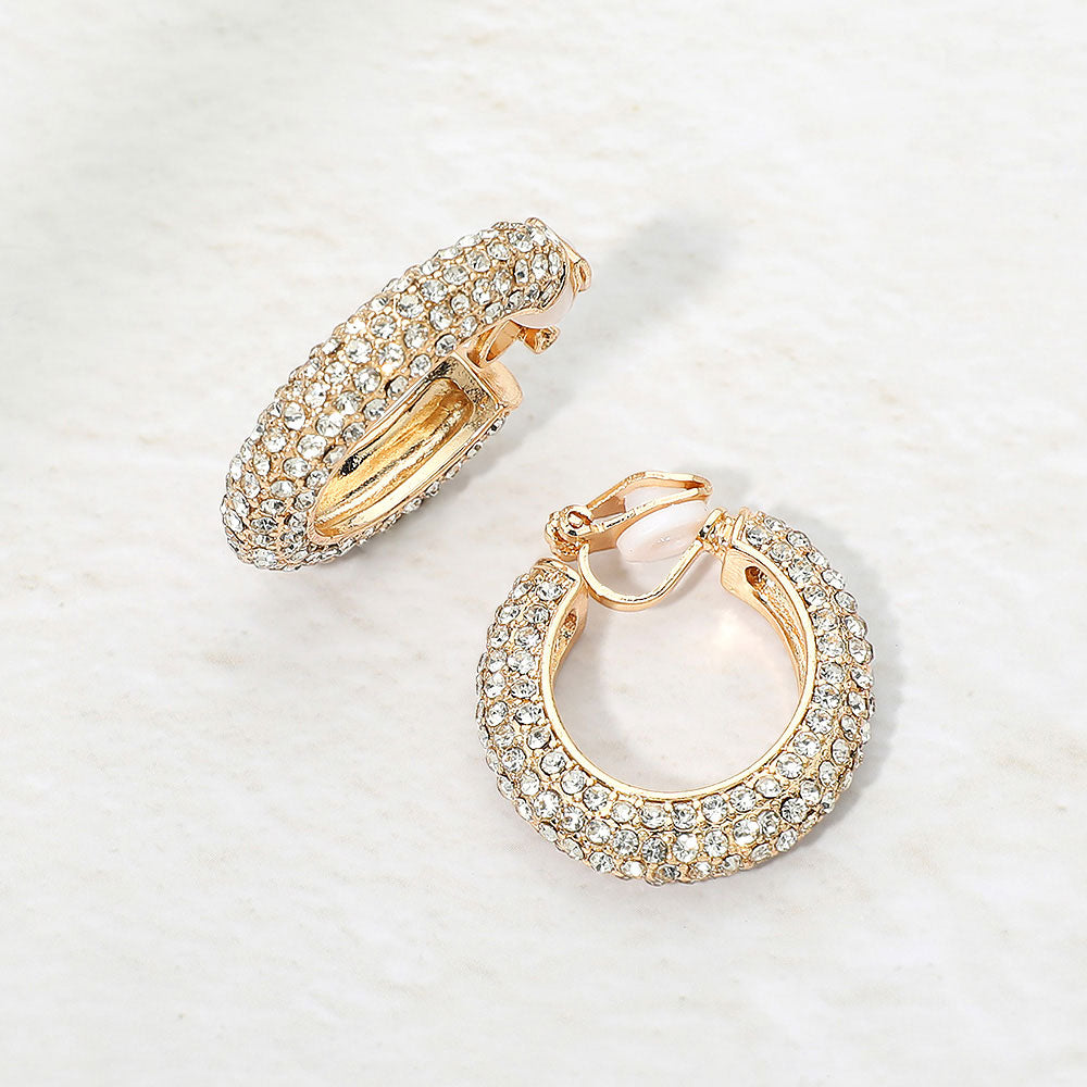 Rhinestone Pave Hoop Clip On Earrings