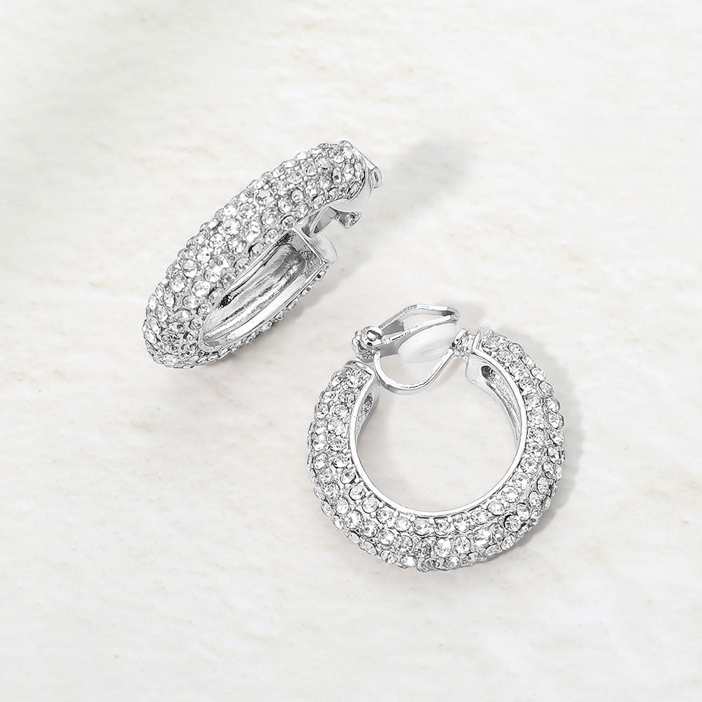 Rhinestone Pave Hoop Clip On Earrings