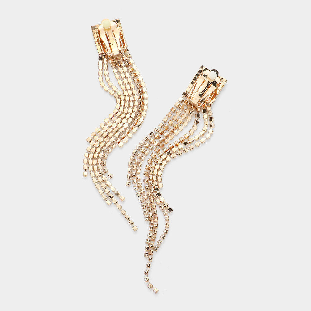 Rhinestone Paved Fringe Clip On Evening Earrings