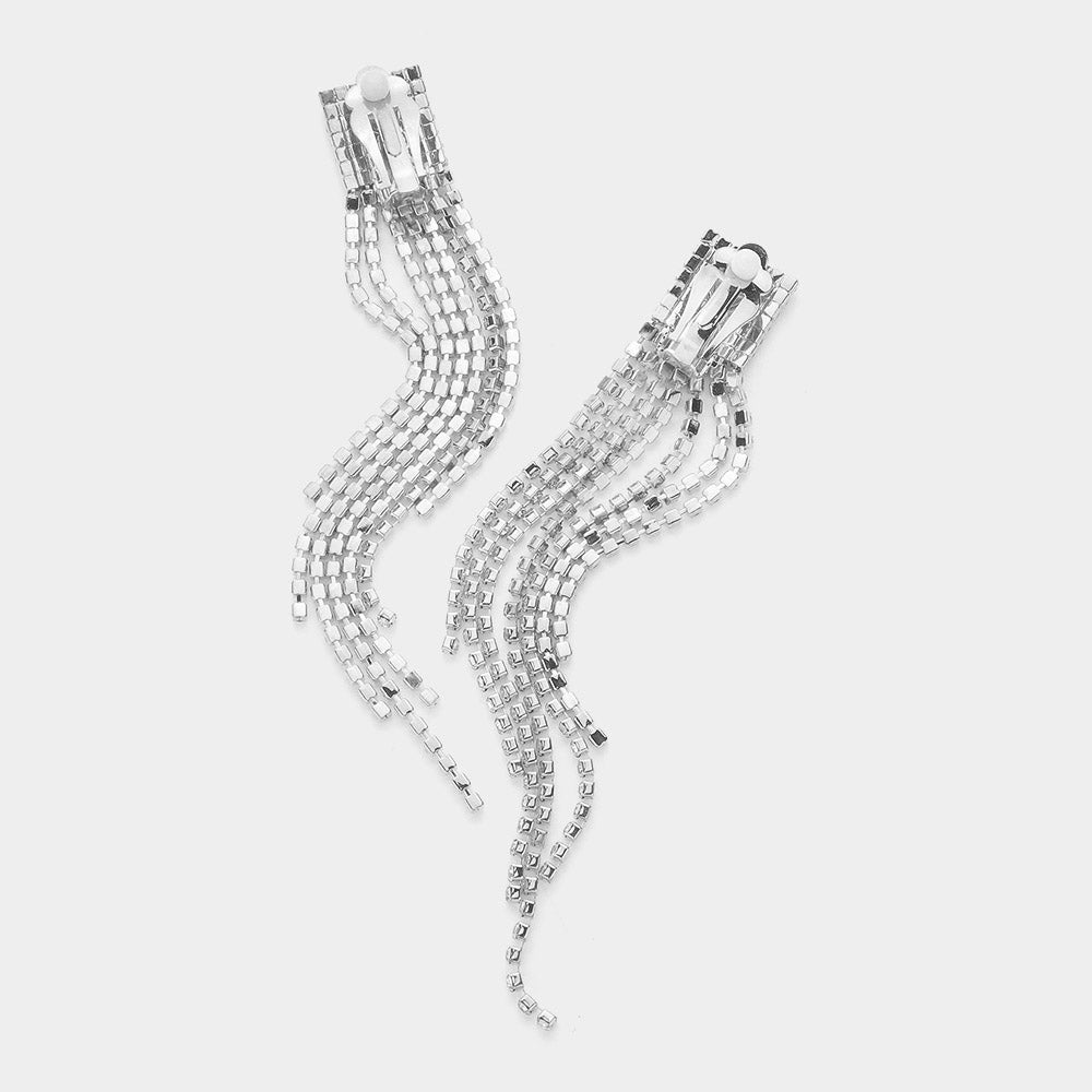 Rhinestone Paved Fringe Clip On Evening Earrings