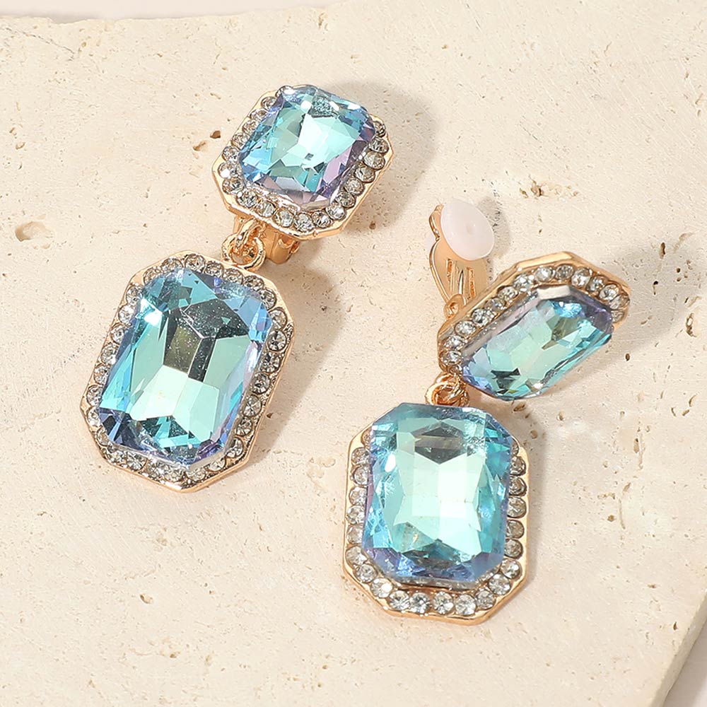 Elegant Rectangle Crystal Drop Dangle Evening Clip On Earrings