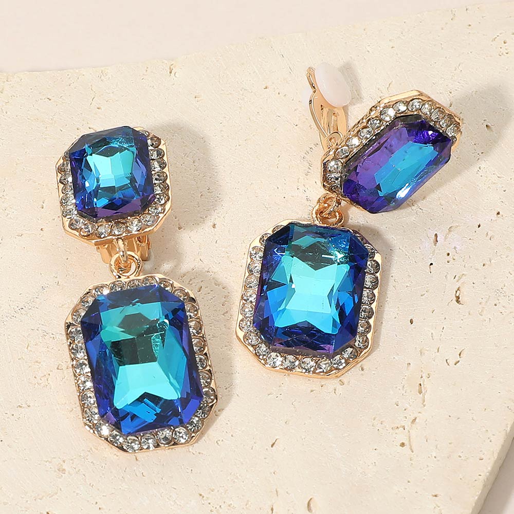 Elegant Rectangle Crystal Drop Dangle Evening Clip On Earrings