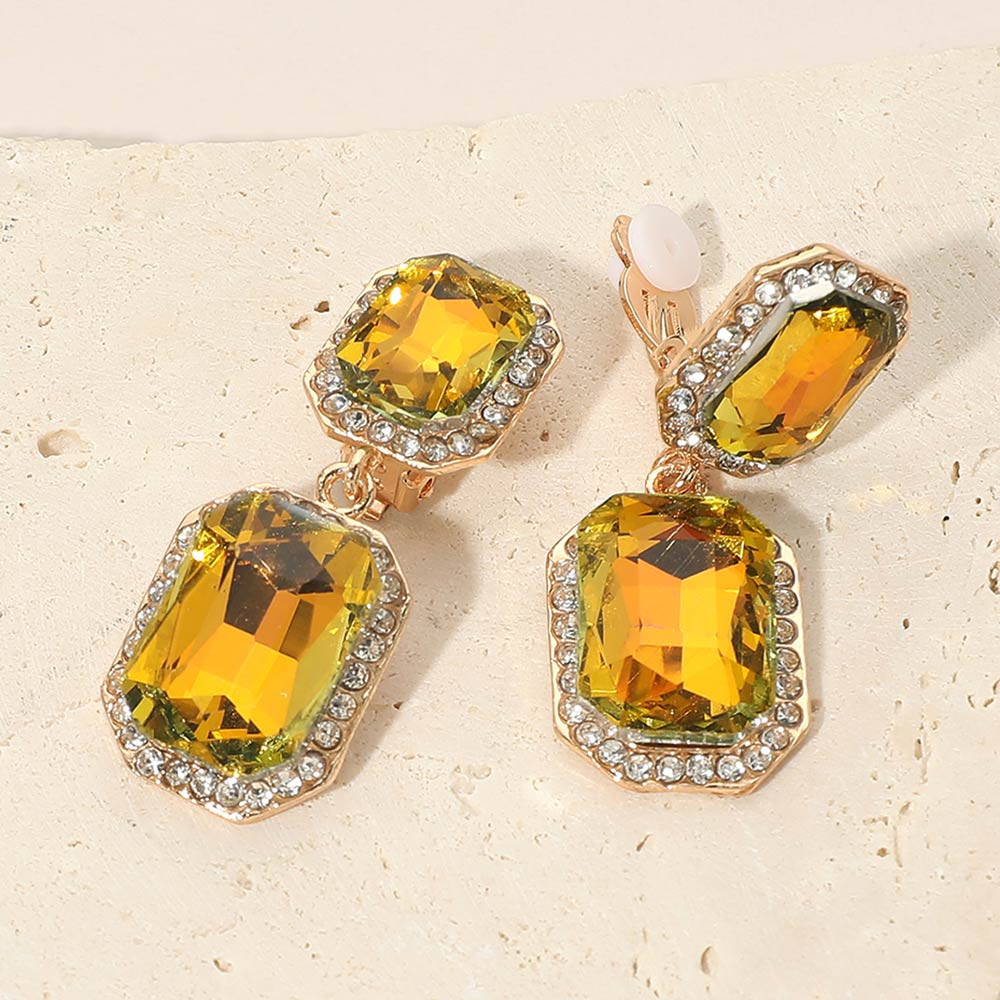 Elegant Rectangle Crystal Drop Dangle Evening Clip On Earrings
