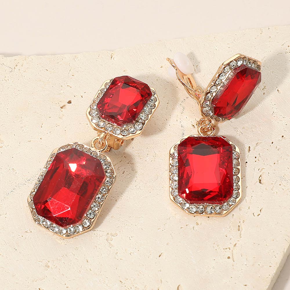 Elegant Rectangle Crystal Drop Dangle Evening Clip On Earrings