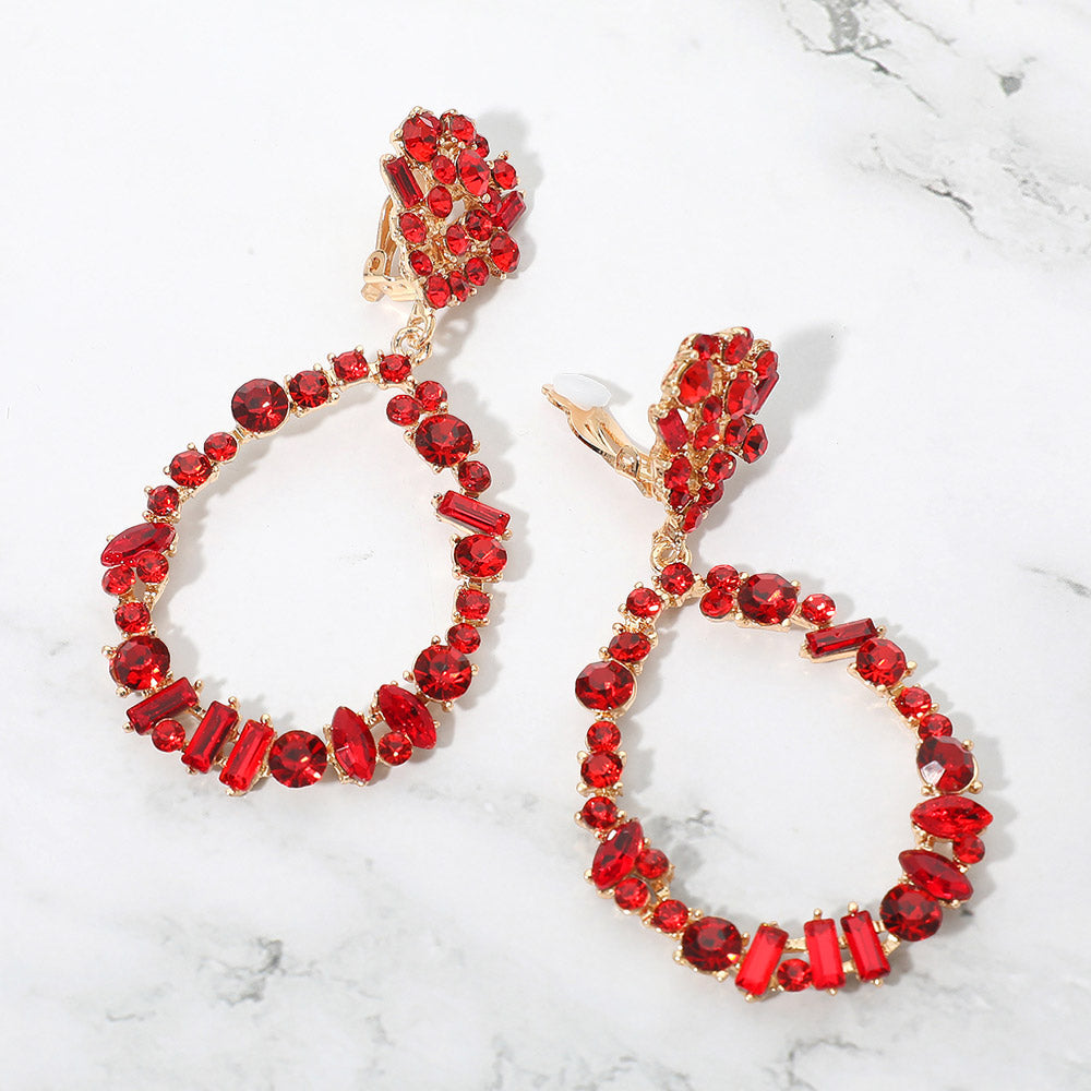 Bold Mixed Shaped Stone Cluster Embellished Open Teardrop Dangle Evening Clip On Earrings