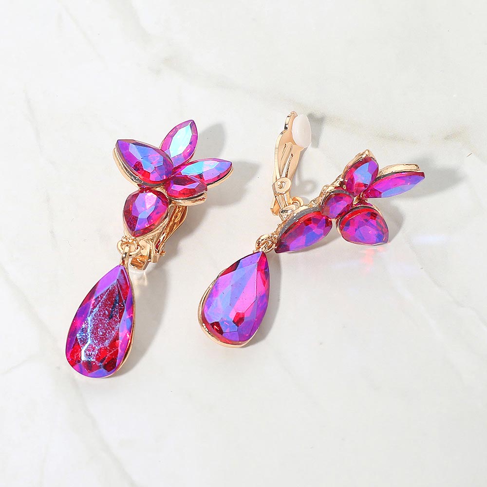 Marquise Stone Cluster Floral Teardrop Link Evening Clip On Earrings