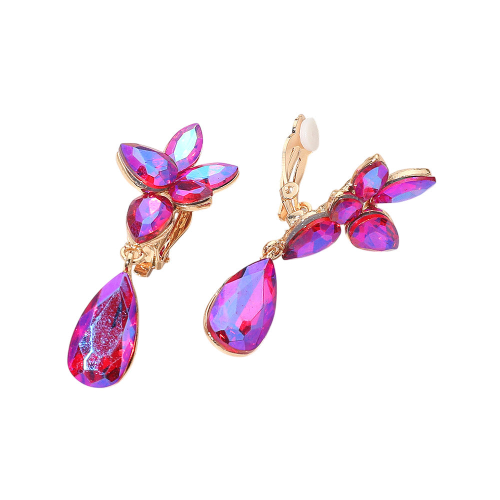 Marquise Stone Cluster Floral Teardrop Link Evening Clip On Earrings