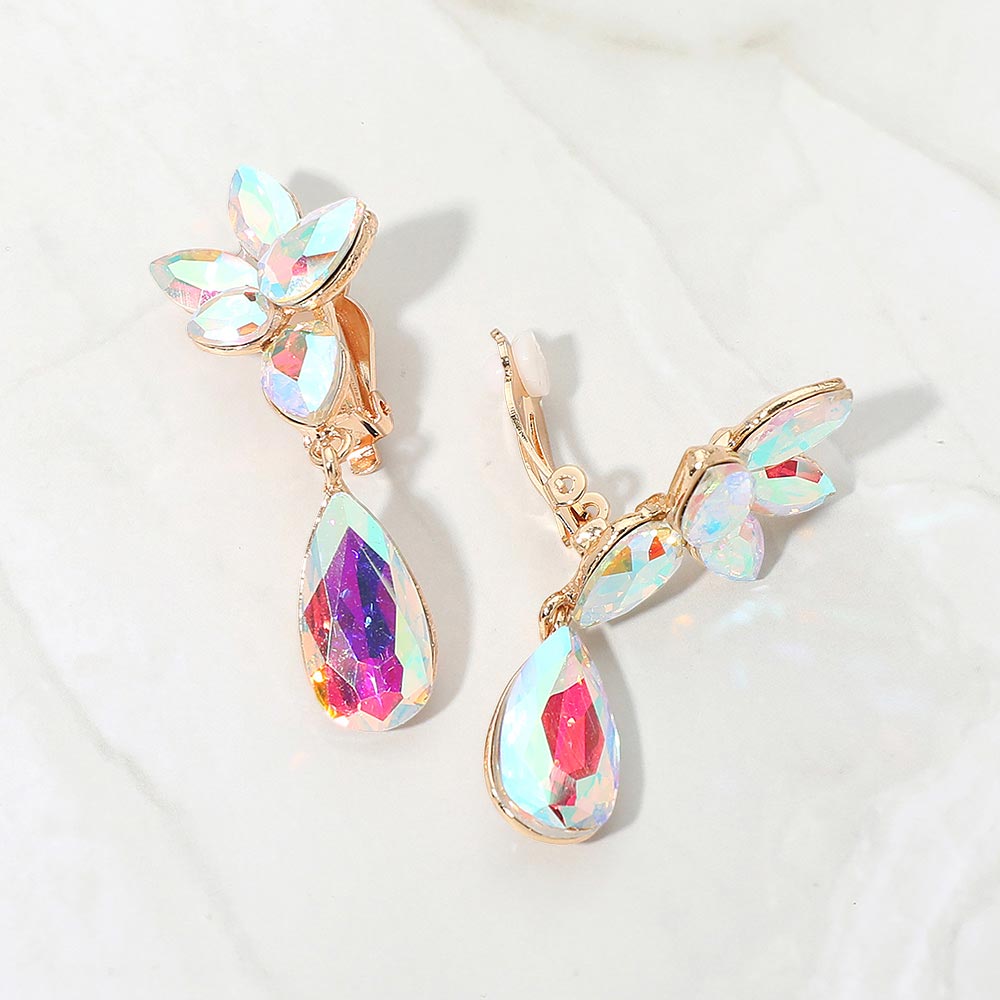 Marquise Stone Cluster Floral Teardrop Link Evening Clip On Earrings
