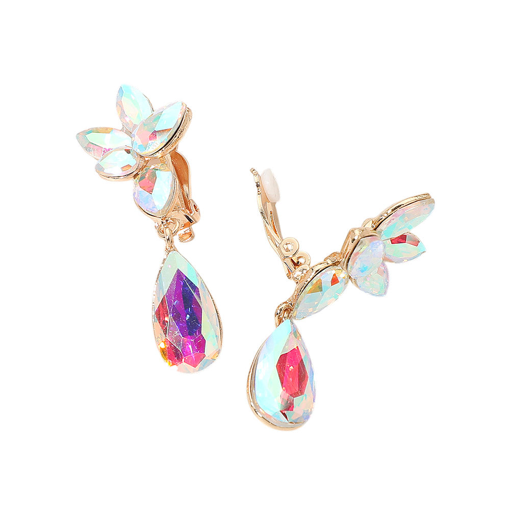 Marquise Stone Cluster Floral Teardrop Link Evening Clip On Earrings