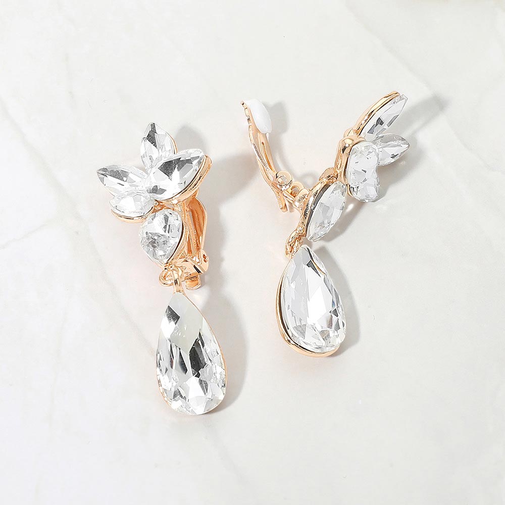 Marquise Stone Cluster Floral Teardrop Link Evening Clip On Earrings