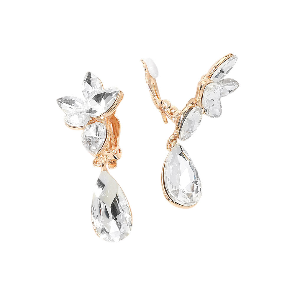 Marquise Stone Cluster Floral Teardrop Link Evening Clip On Earrings