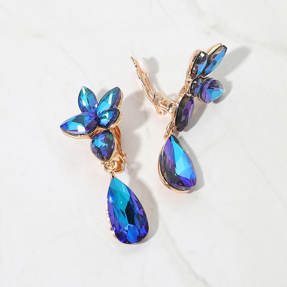 Marquise Stone Cluster Floral Teardrop Link Evening Clip On Earrings