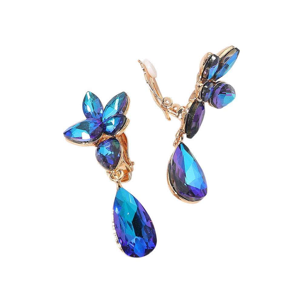 Marquise Stone Cluster Floral Teardrop Link Evening Clip On Earrings