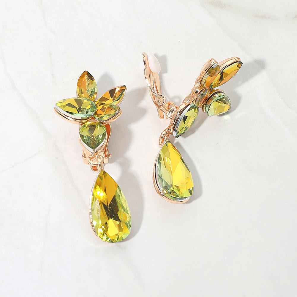 Marquise Stone Cluster Floral Teardrop Link Evening Clip On Earrings