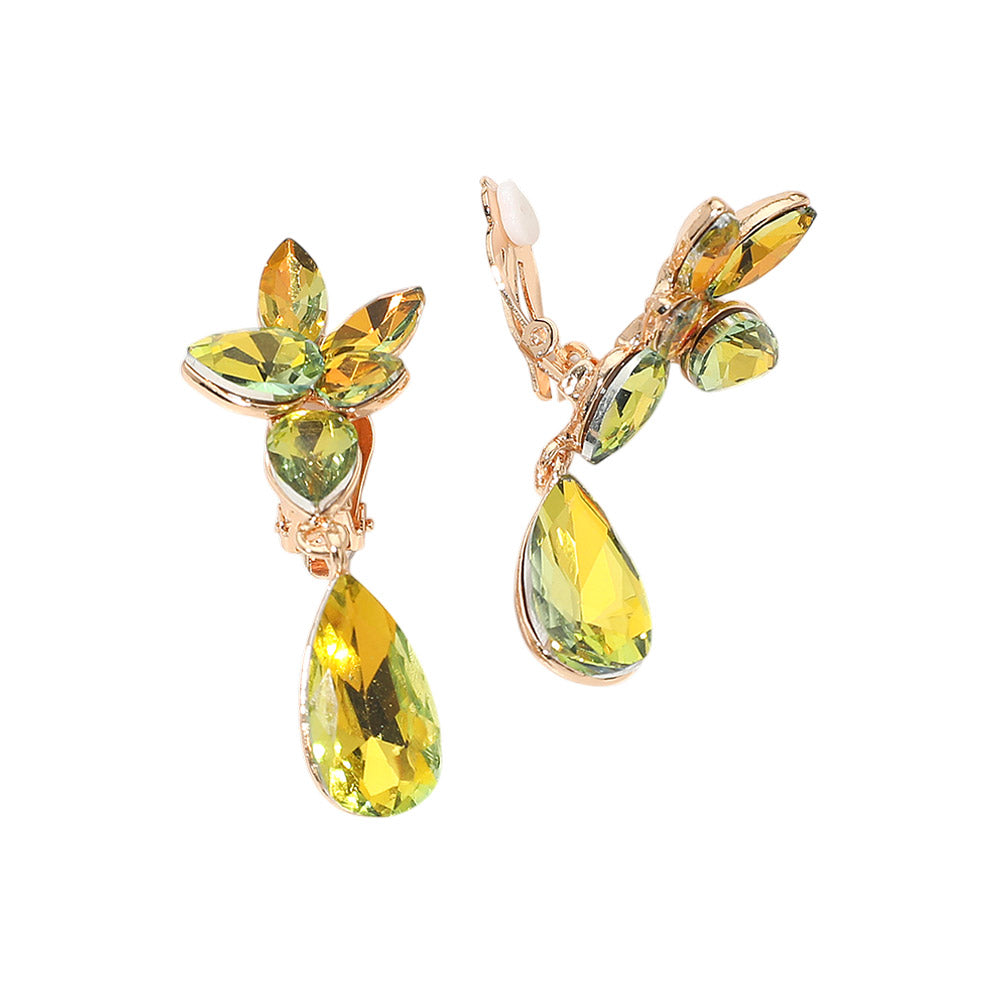 Marquise Stone Cluster Floral Teardrop Link Evening Clip On Earrings