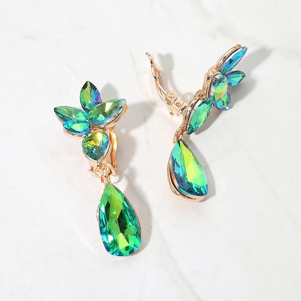 Marquise Stone Cluster Floral Teardrop Link Evening Clip On Earrings