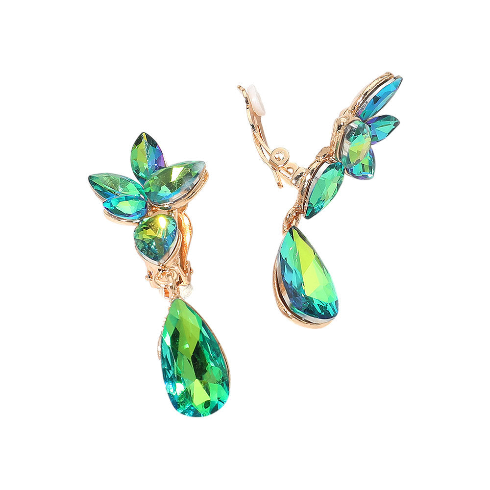 Marquise Stone Cluster Floral Teardrop Link Evening Clip On Earrings