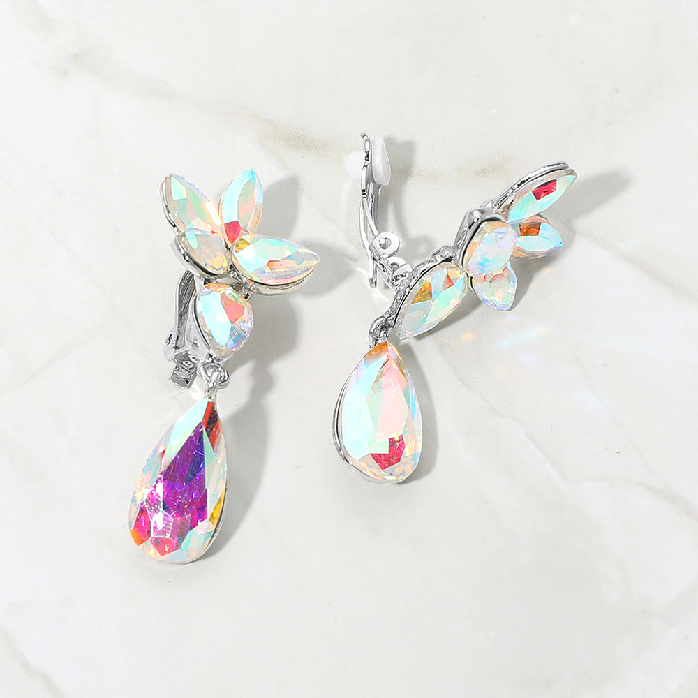 Marquise Stone Cluster Floral Teardrop Link Evening Clip On Earrings