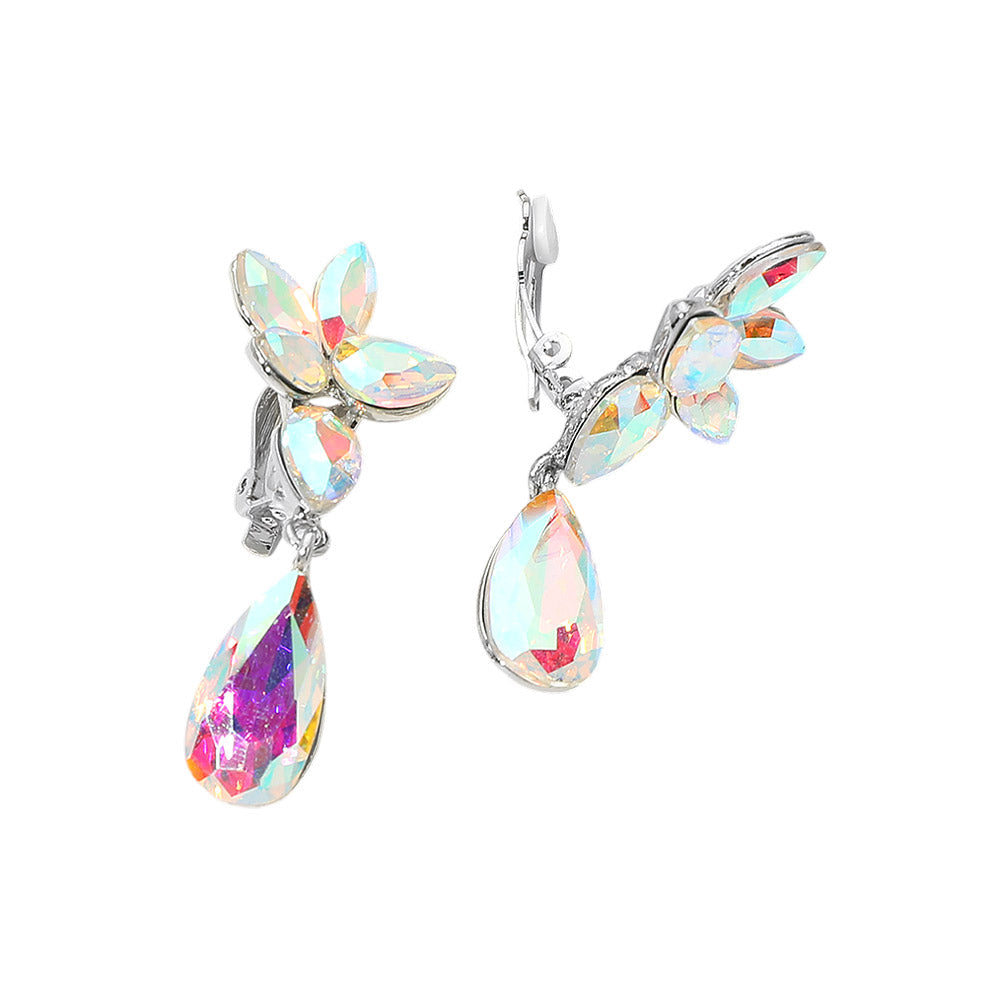 Marquise Stone Cluster Floral Teardrop Link Evening Clip On Earrings