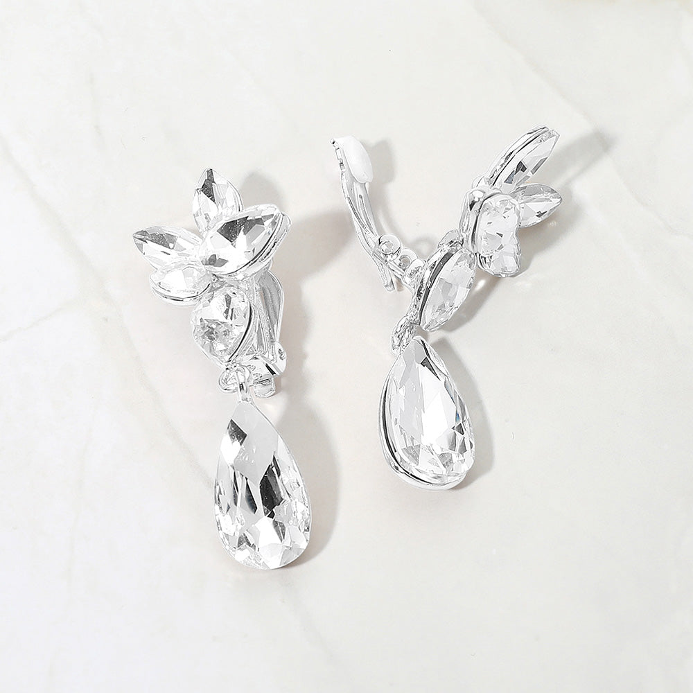 Marquise Stone Cluster Floral Teardrop Link Evening Clip On Earrings