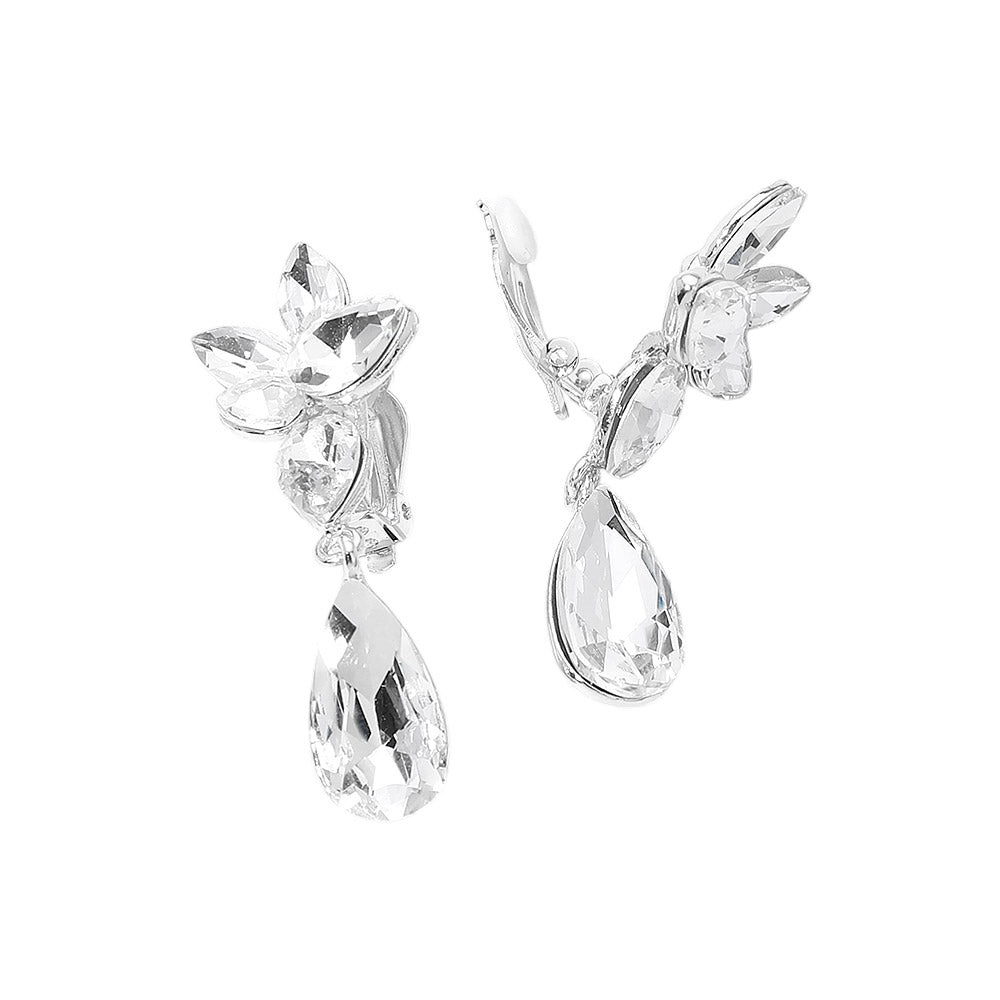 Marquise Stone Cluster Floral Teardrop Link Evening Clip On Earrings