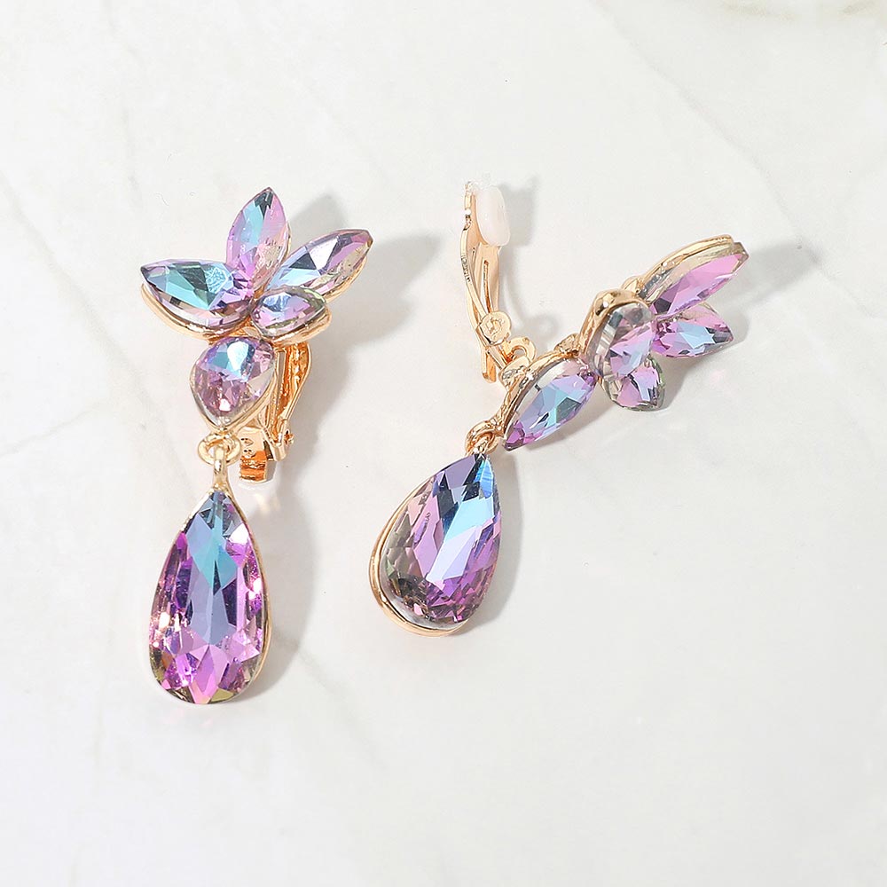 Marquise Stone Cluster Floral Teardrop Link Evening Clip On Earrings