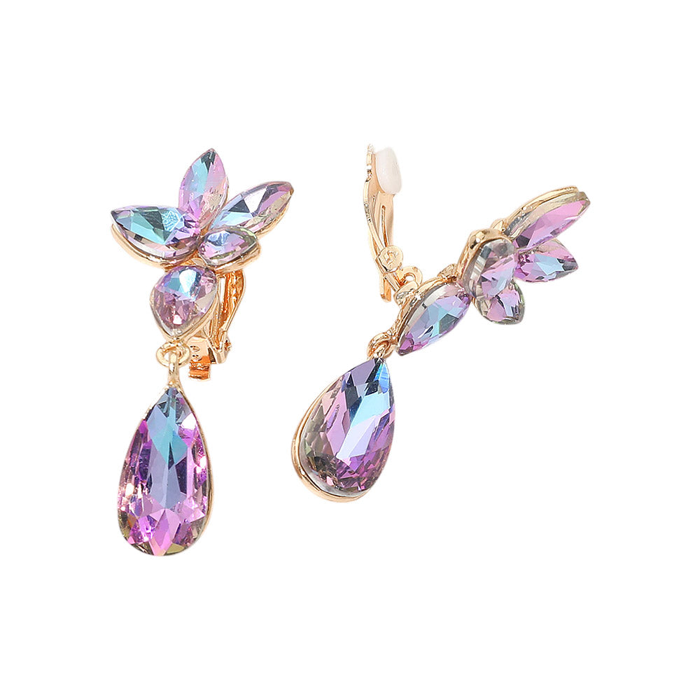 Marquise Stone Cluster Floral Teardrop Link Evening Clip On Earrings