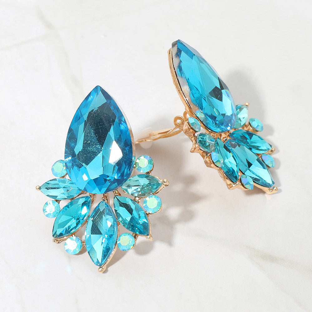 Teardrop Stone Cluster Accent Marquise Stone Embellished Evening Clip On Earrings