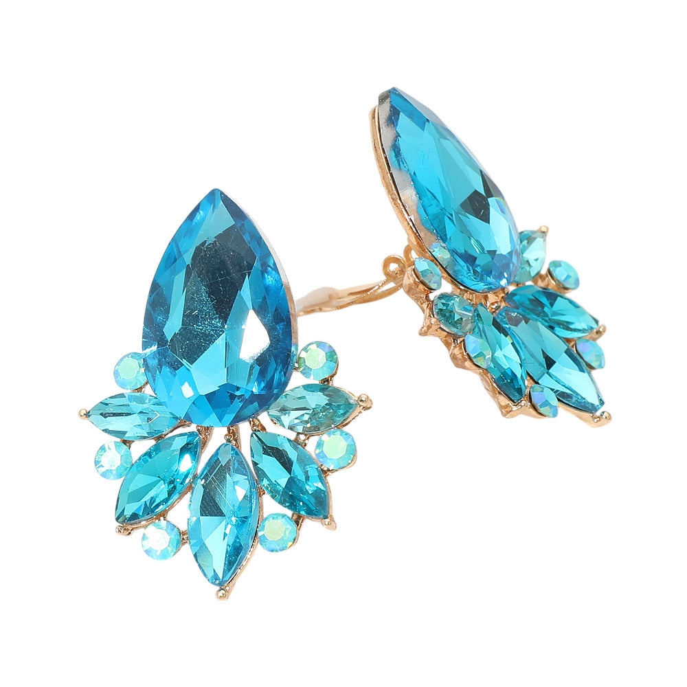Teardrop Stone Cluster Accent Marquise Stone Embellished Evening Clip On Earrings