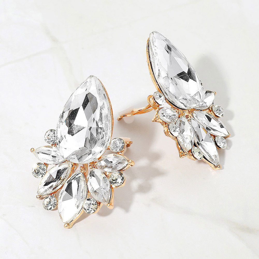 Teardrop Stone Cluster Accent Marquise Stone Embellished Evening Clip On Earrings