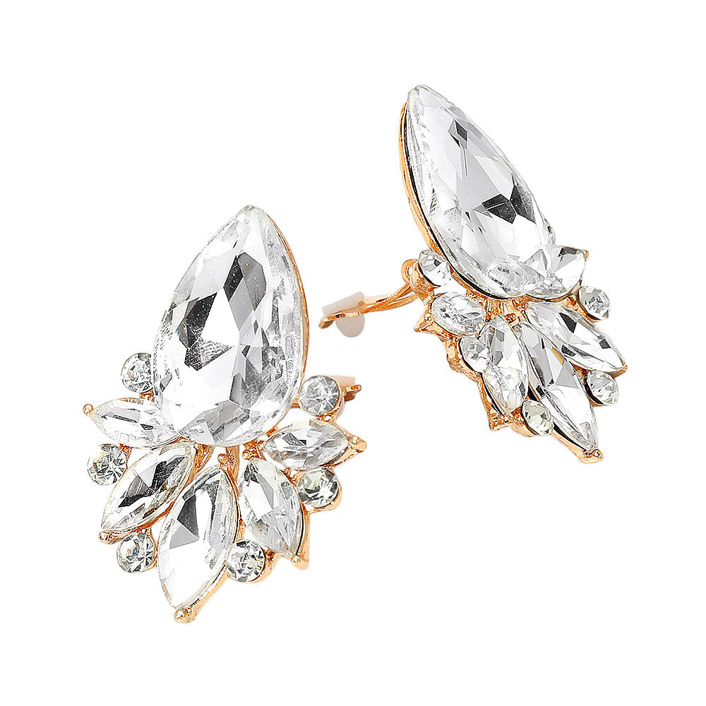 Teardrop Stone Cluster Accent Marquise Stone Embellished Evening Clip On Earrings
