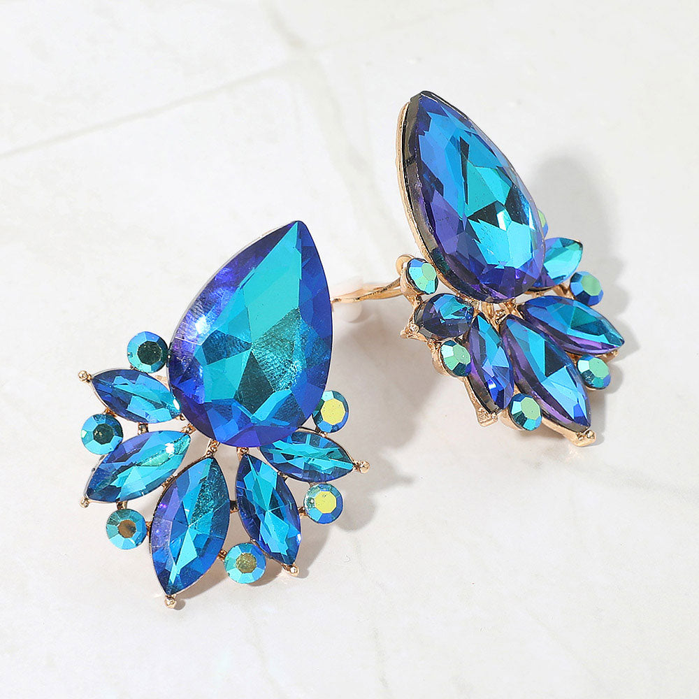 Teardrop Stone Cluster Accent Marquise Stone Embellished Evening Clip On Earrings