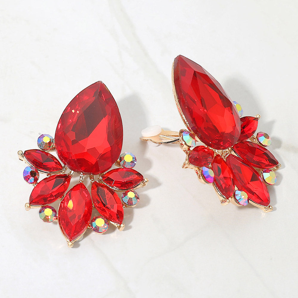 Teardrop Stone Cluster Accent Marquise Stone Embellished Evening Clip On Earrings