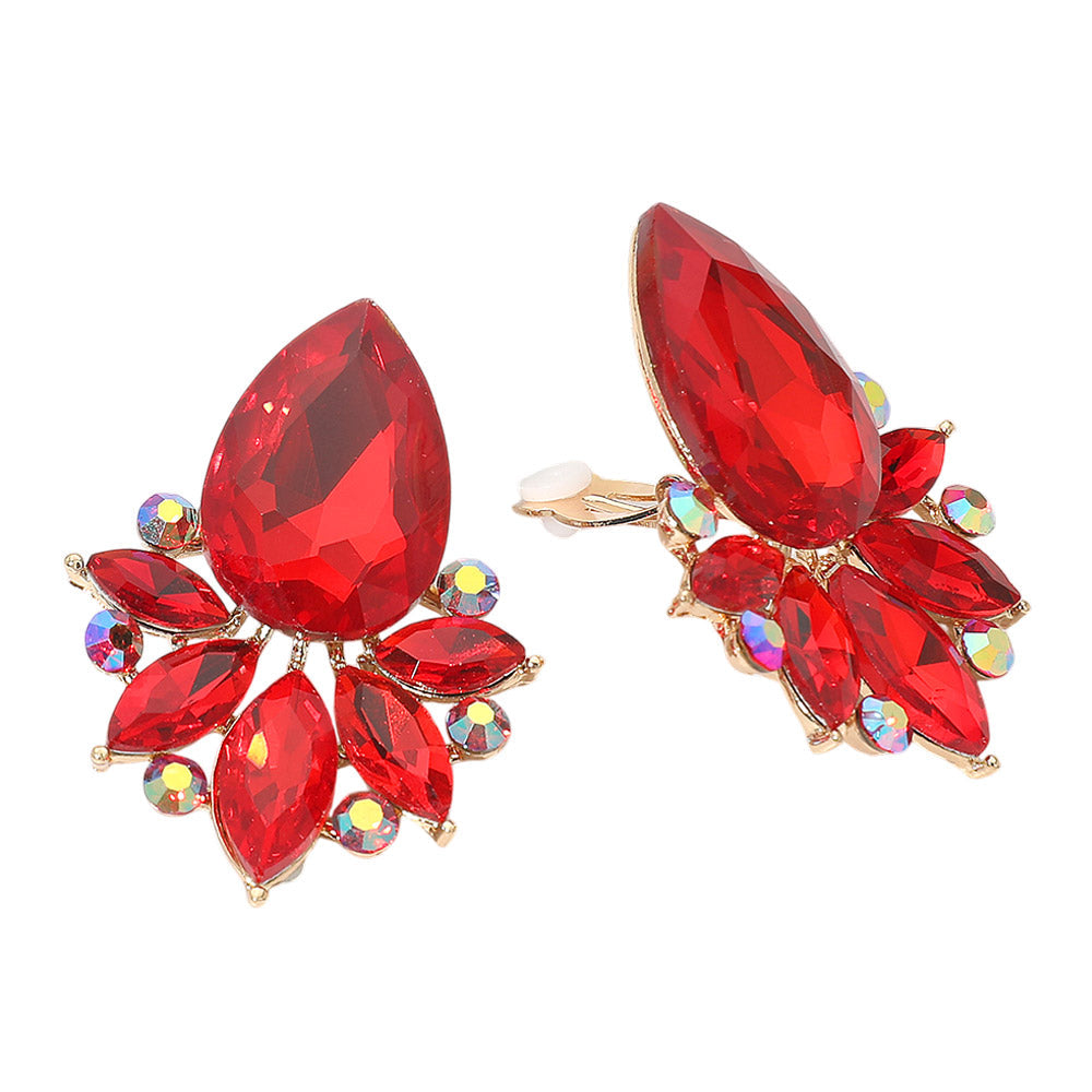 Teardrop Stone Cluster Accent Marquise Stone Embellished Evening Clip On Earrings