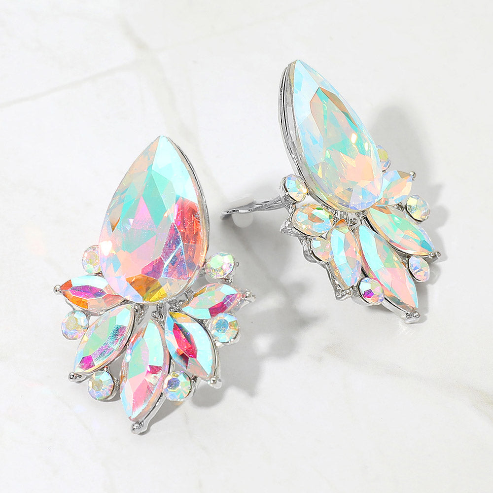 Teardrop Stone Cluster Accent Marquise Stone Embellished Evening Clip On Earrings