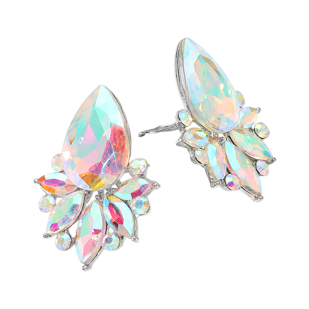 Teardrop Stone Cluster Accent Marquise Stone Embellished Evening Clip On Earrings