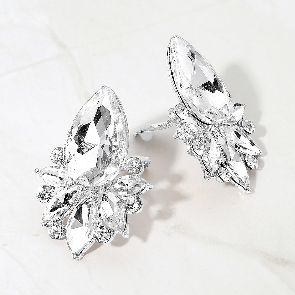 Teardrop Stone Cluster Accent Marquise Stone Embellished Evening Clip On Earrings