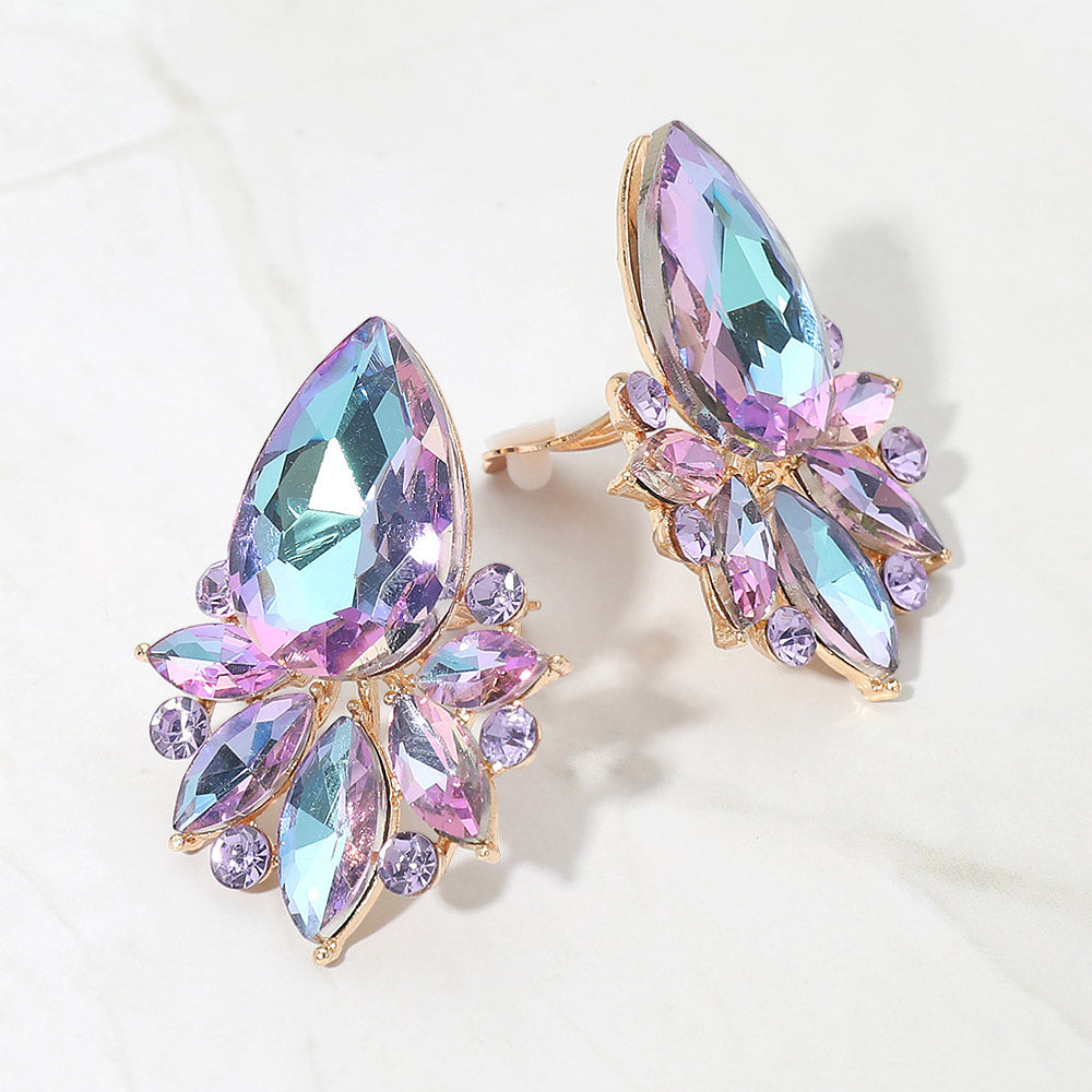 Teardrop Stone Cluster Accent Marquise Stone Embellished Evening Clip On Earrings