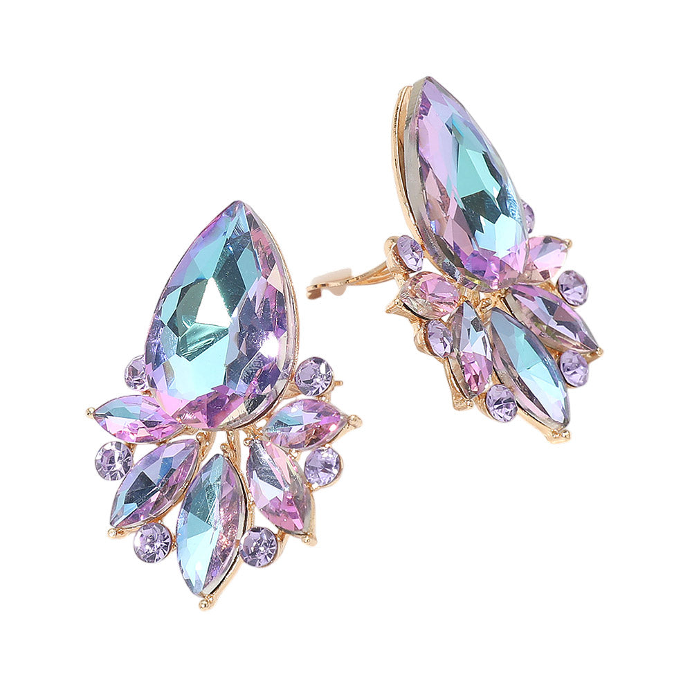 Teardrop Stone Cluster Accent Marquise Stone Embellished Evening Clip On Earrings