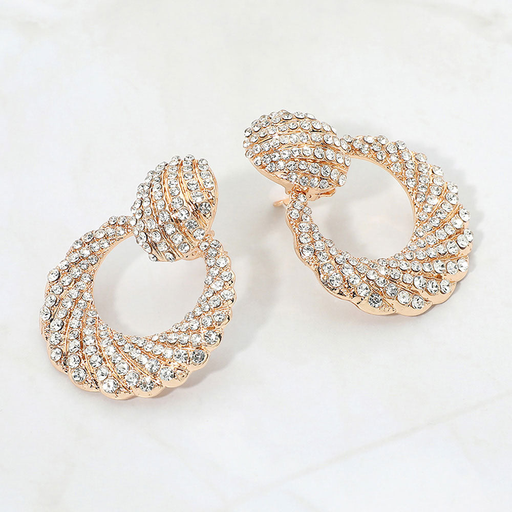 Rhinestone Pave Open Ring Door Knocker Clip On Earrings