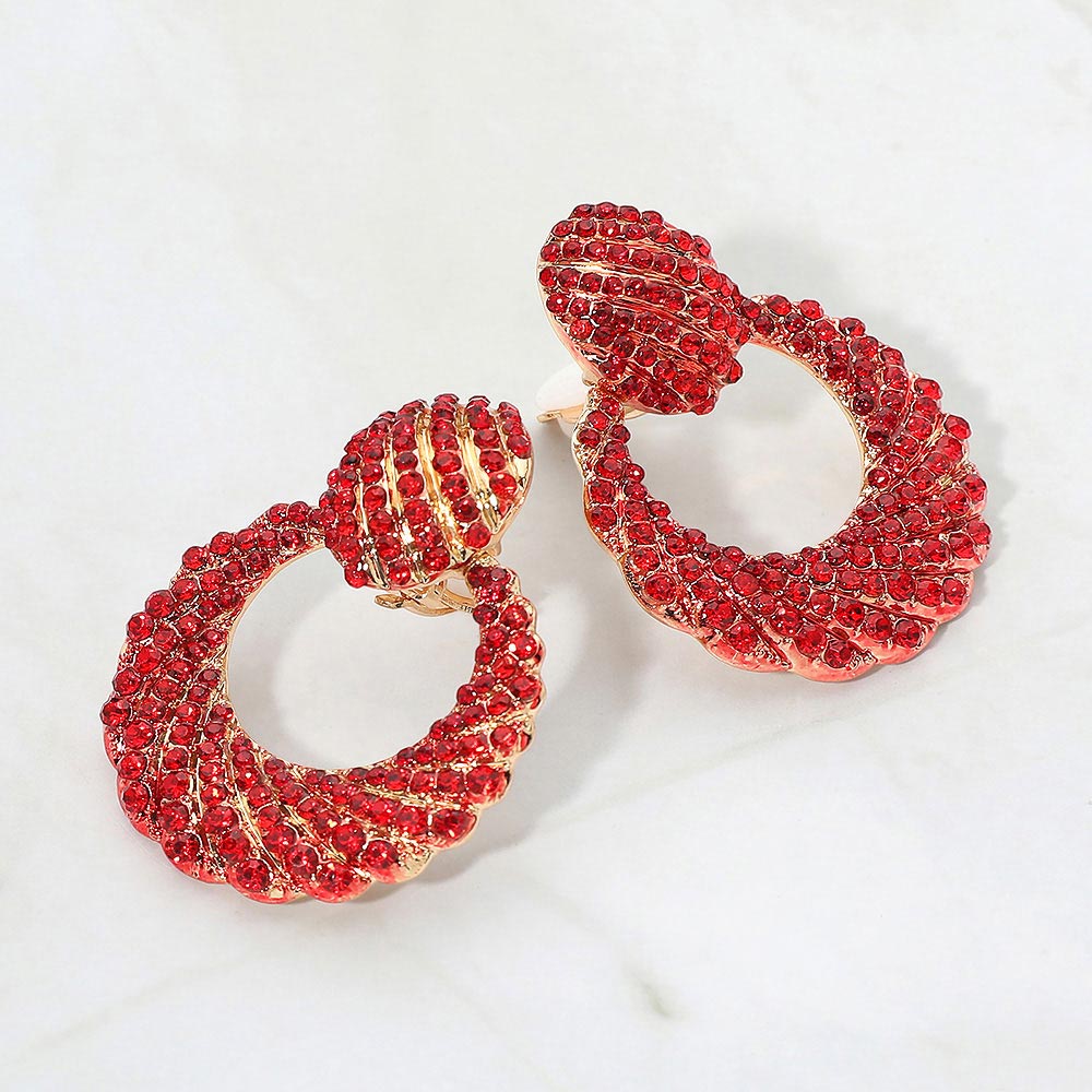 Rhinestone Pave Open Ring Door Knocker Clip On Earrings