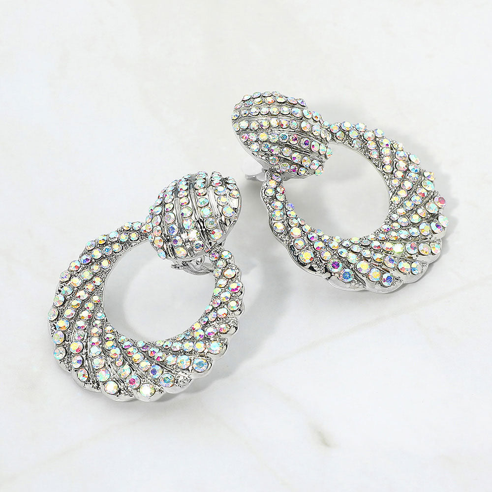 Rhinestone Pave Open Ring Door Knocker Clip On Earrings